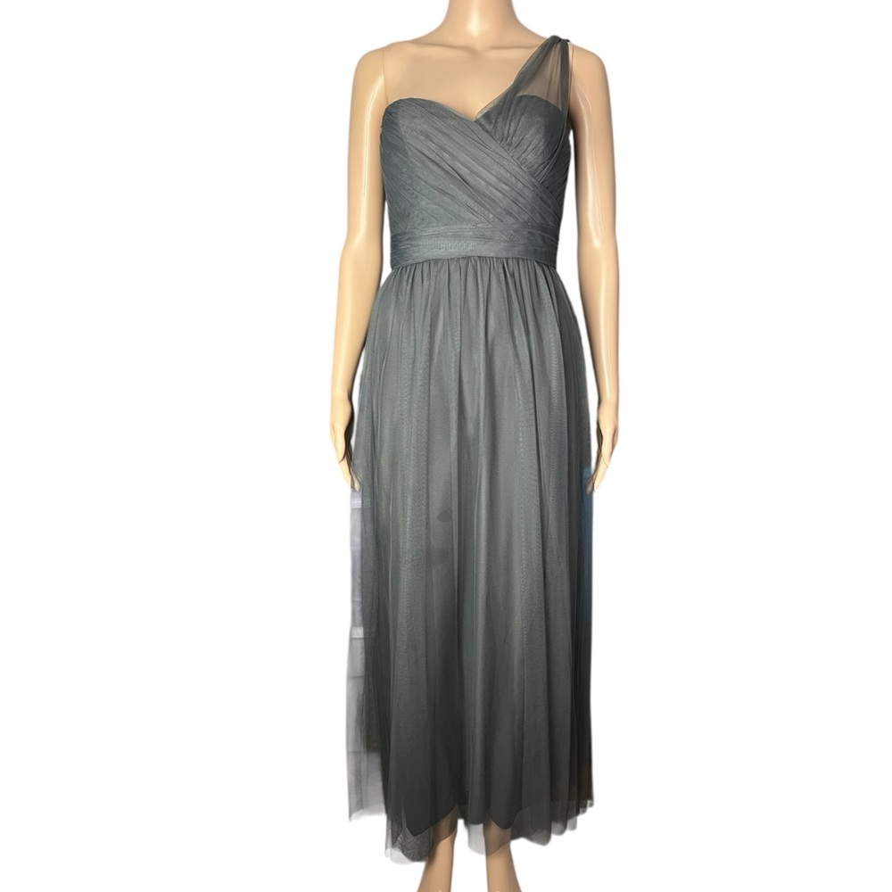 Amsale One Shoulder Charcoal Grey Tulle Full Length Formal Black Tie Dress